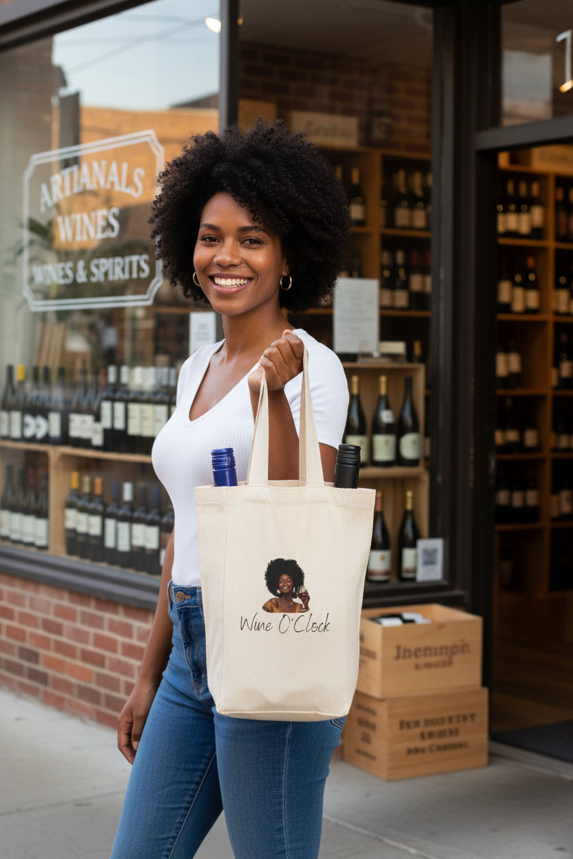 Wine O'Clock Double Wine Tote Bag — Canvas Bottle Carrier for Wine Lovers