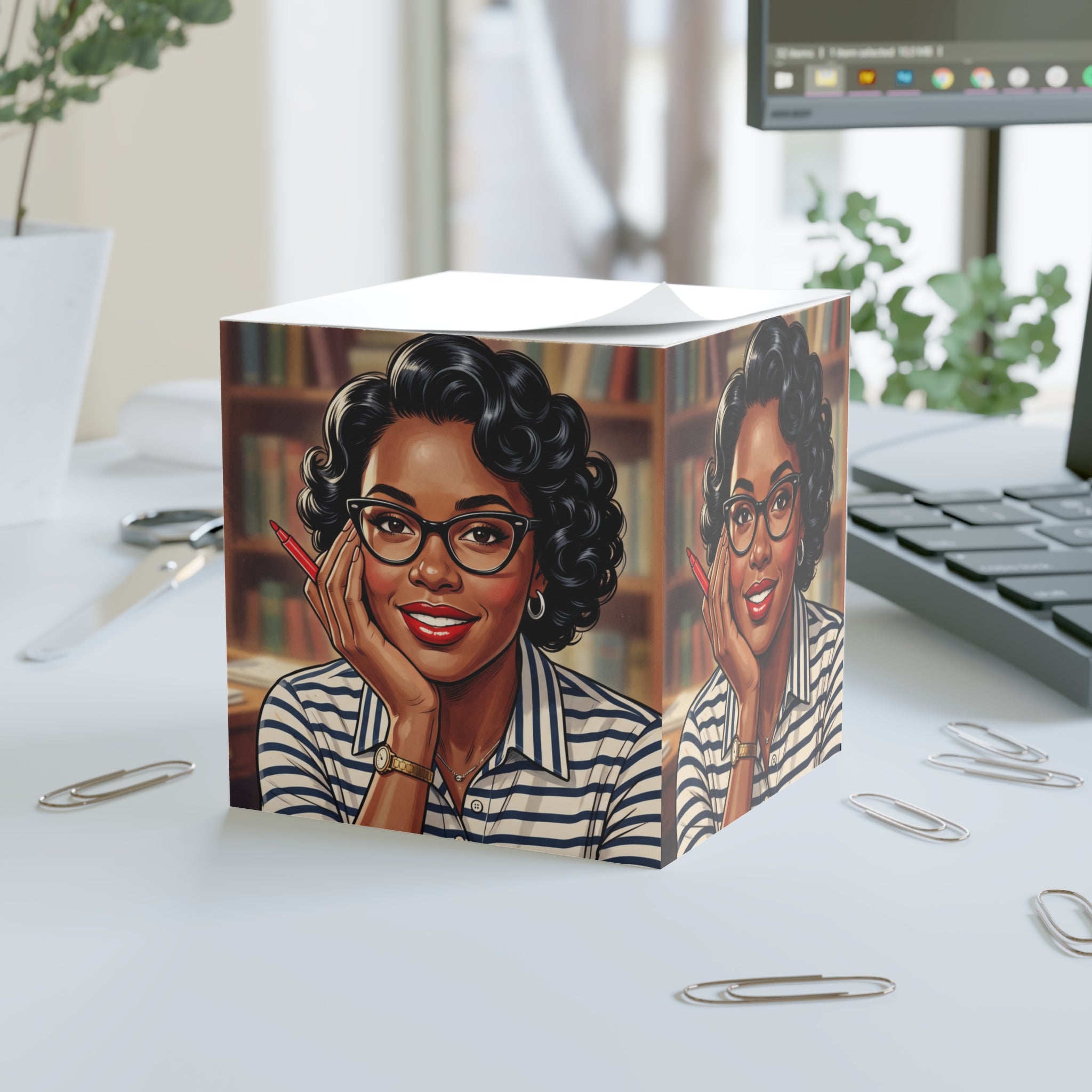 Retro Librarian Note Cube — Cute Sticky Memo Cube