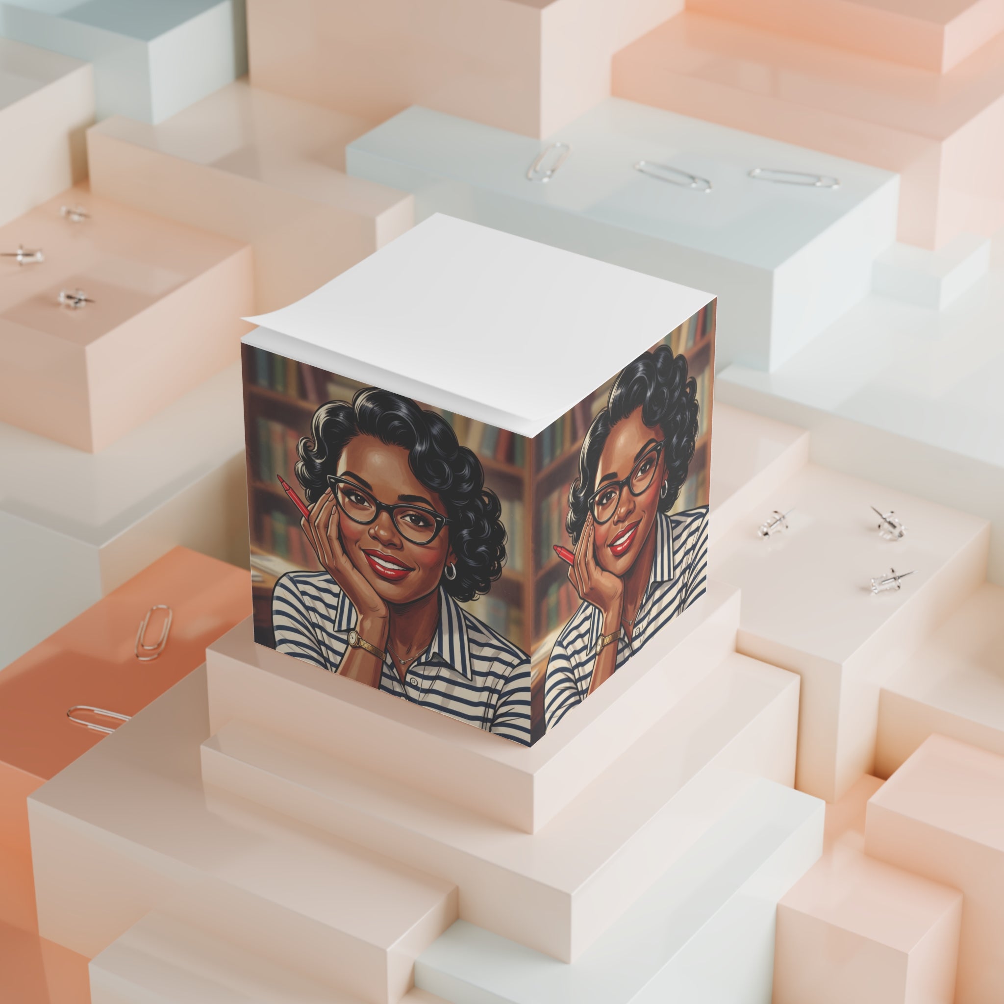 Retro Librarian Note Cube — Cute Sticky Memo Cube